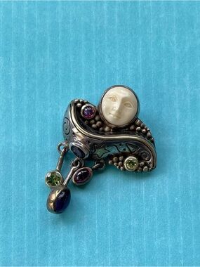 Sterling Silver Moon Face Pin with Multi-Crystal Accents -